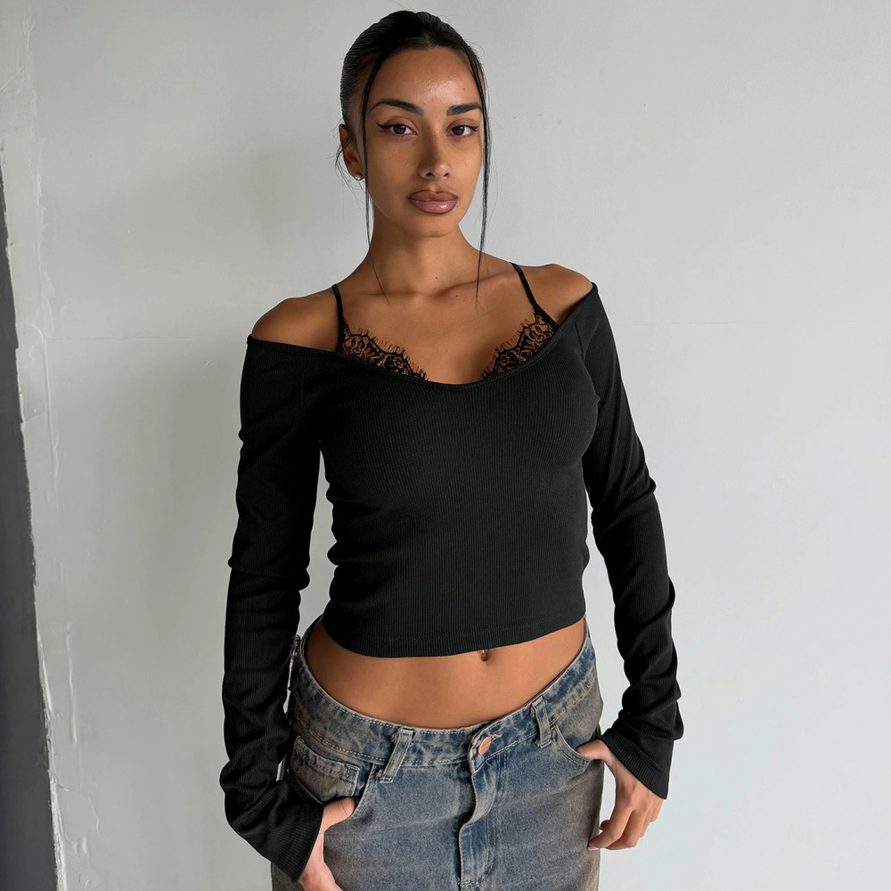 Zara Black Lace Spliced Off Shoulder Long Sleeve Faux Layered Slim Fit Top